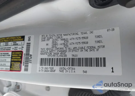 2020 Toyota Tundra Sr5 z USA, uszkodzony, nr VIN 5TFUY5F17LX946308